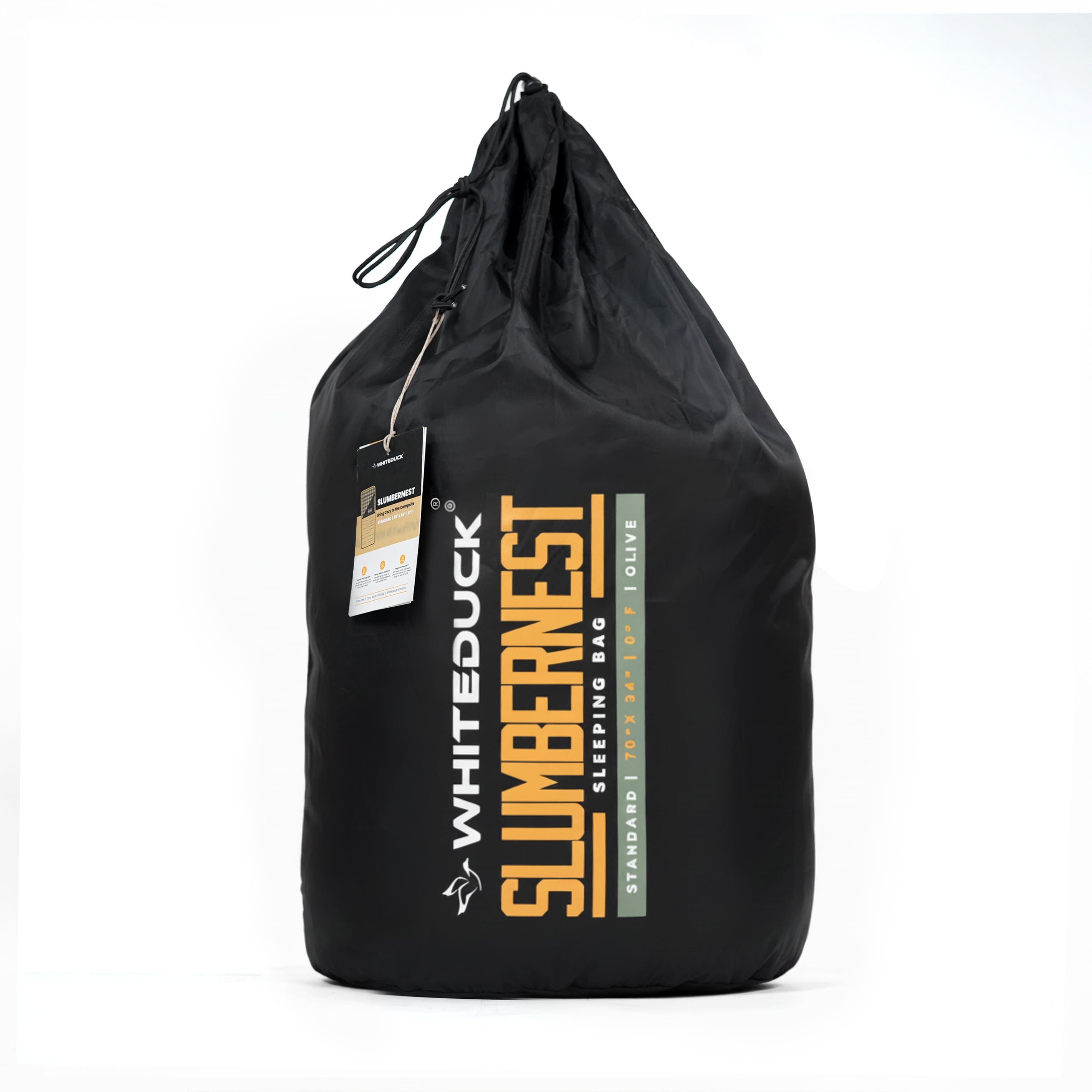 Black sleeping bag with 'Whiteduck Slumbernest' branding on a white background
