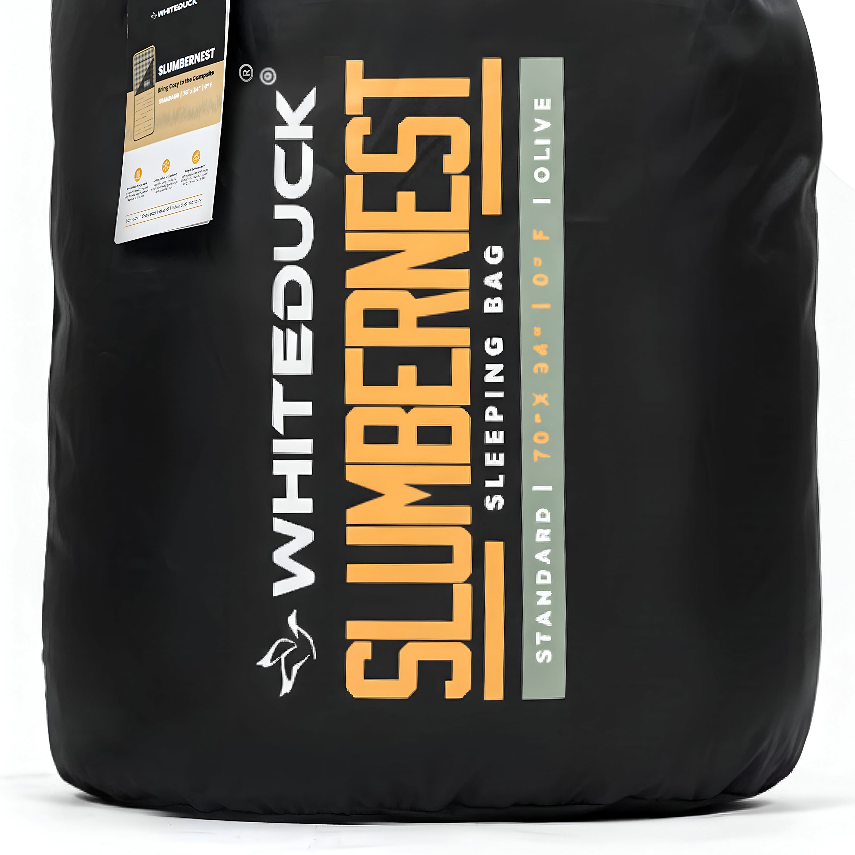 Black sleeping bag with 'White Duck' and 'Slumbernest' branding on a white background