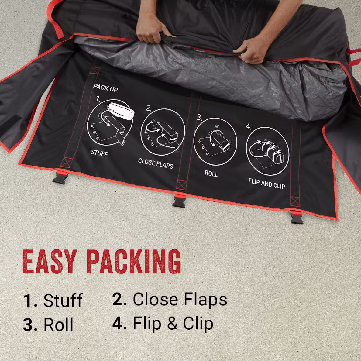 Instructions for packing a black and red bag with diagrams and text on a beige background