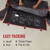 Instructions for packing a black and red bag with diagrams and text on a beige background