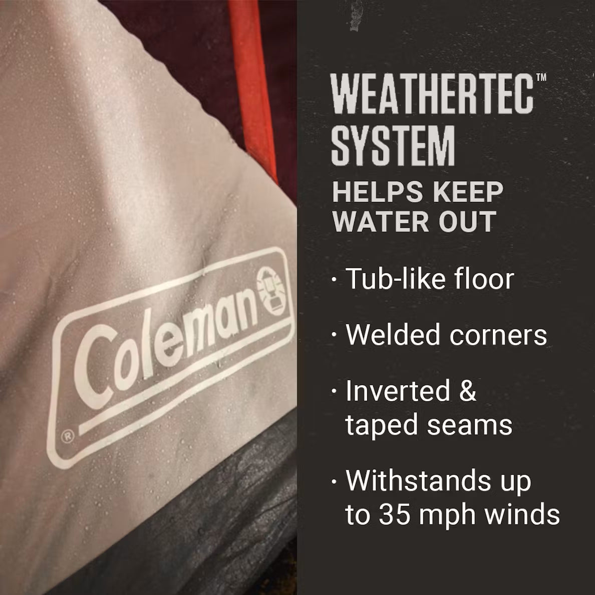 Coleman product with WEATHERTEC system features on a dark background