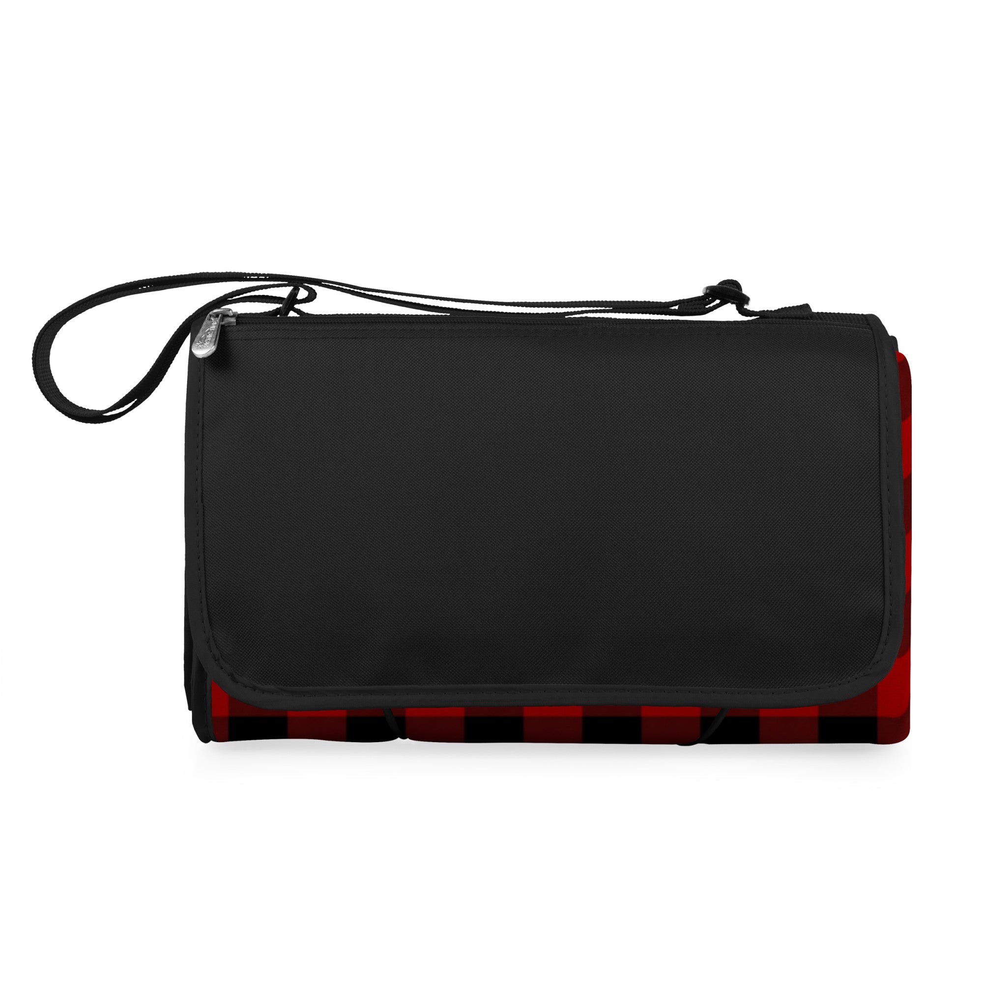 A black zippered picnic blanket with a red and black buffalo plaid patterned bottom border and a black wrist strap, shown on a plain white background.