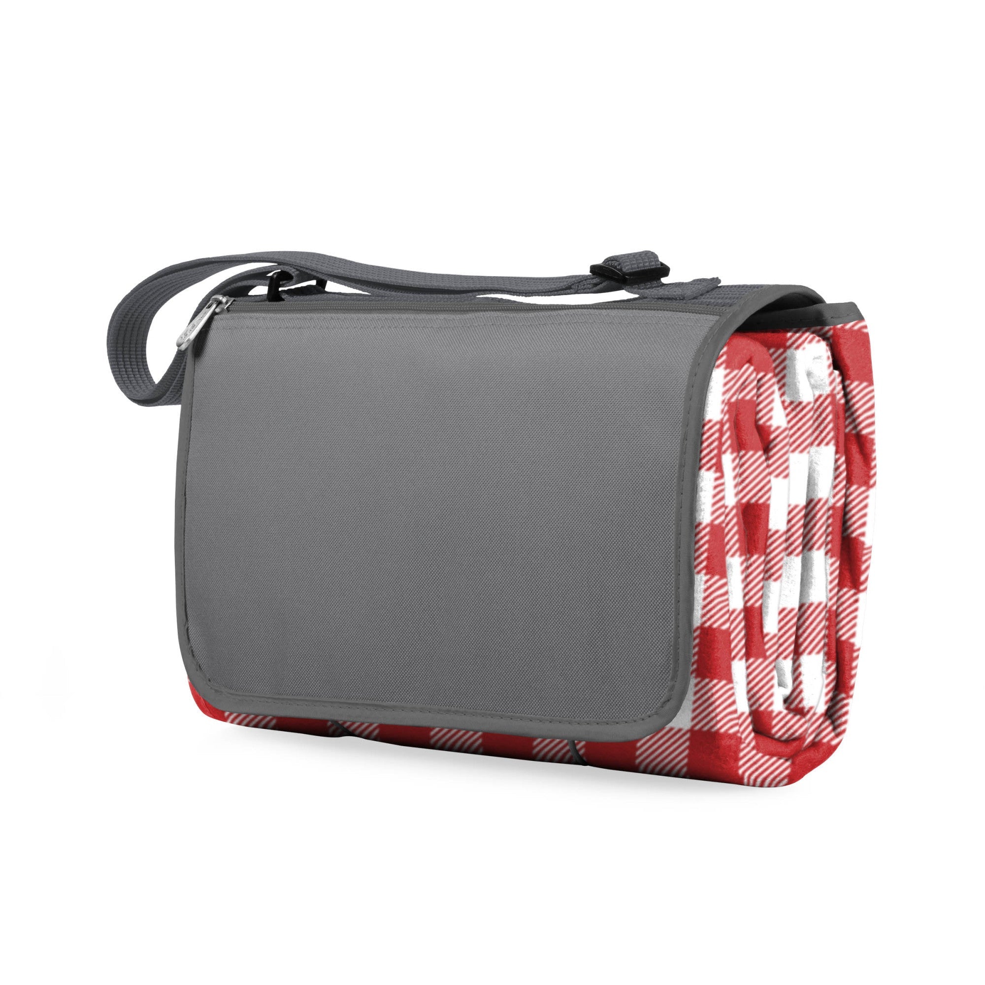 Gray bag with a red and white checkered flap on a white background