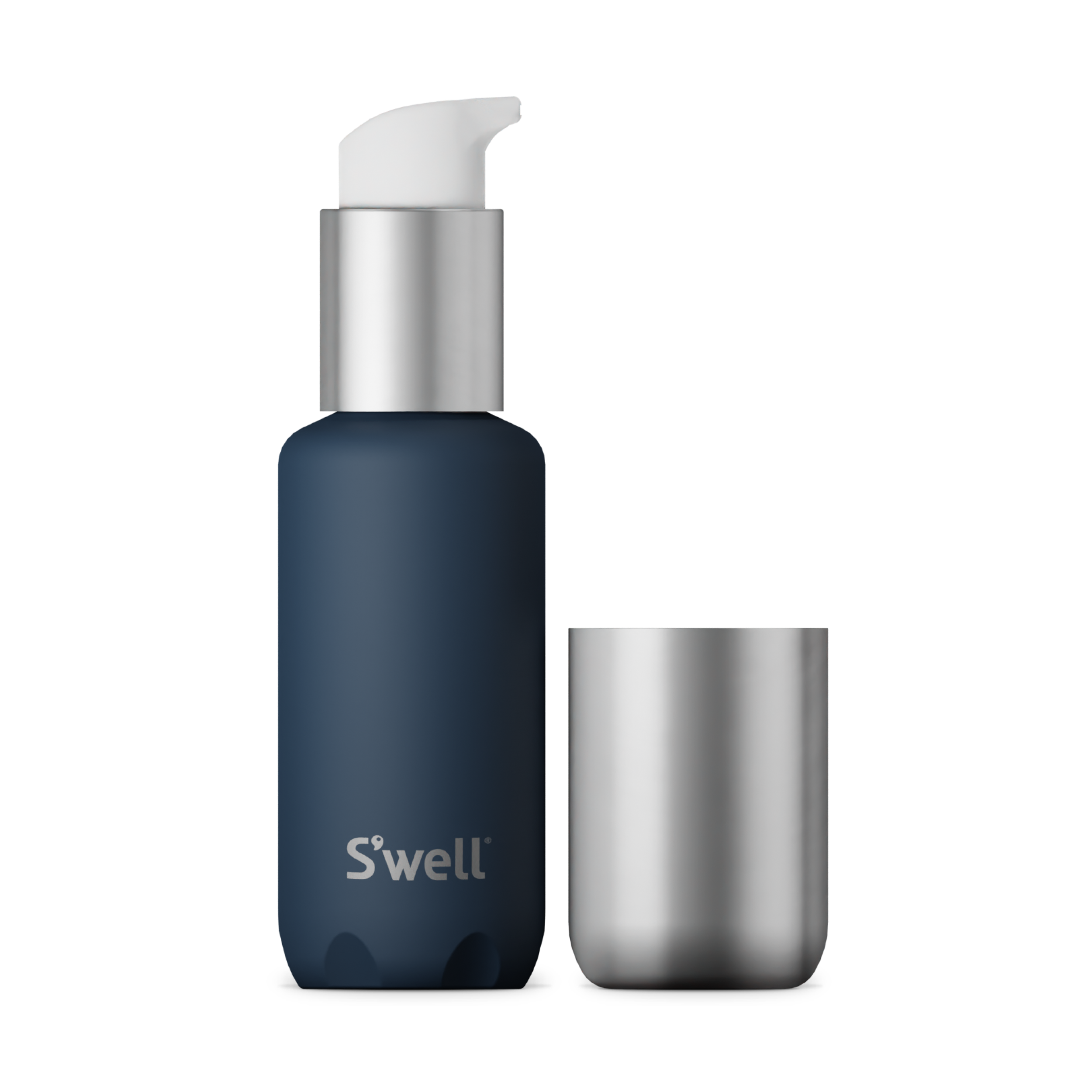 Blue bottle with silver cap and matching cup on a white background, featuring the S'well logo.