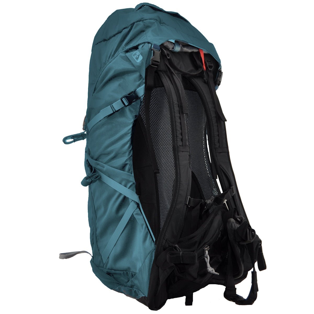Teal and black backpack on a white background