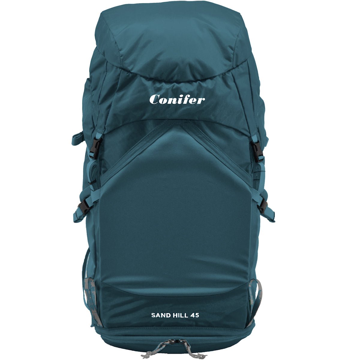 Teal backpack with 'Conifer' branding on a white background