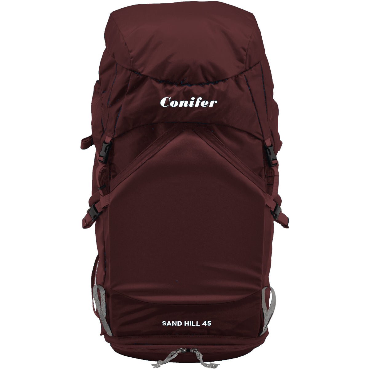 Maroon hiking backpack with 'Conifer' branding on a white background