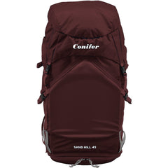 Maroon hiking backpack with 'Conifer' branding on a white background