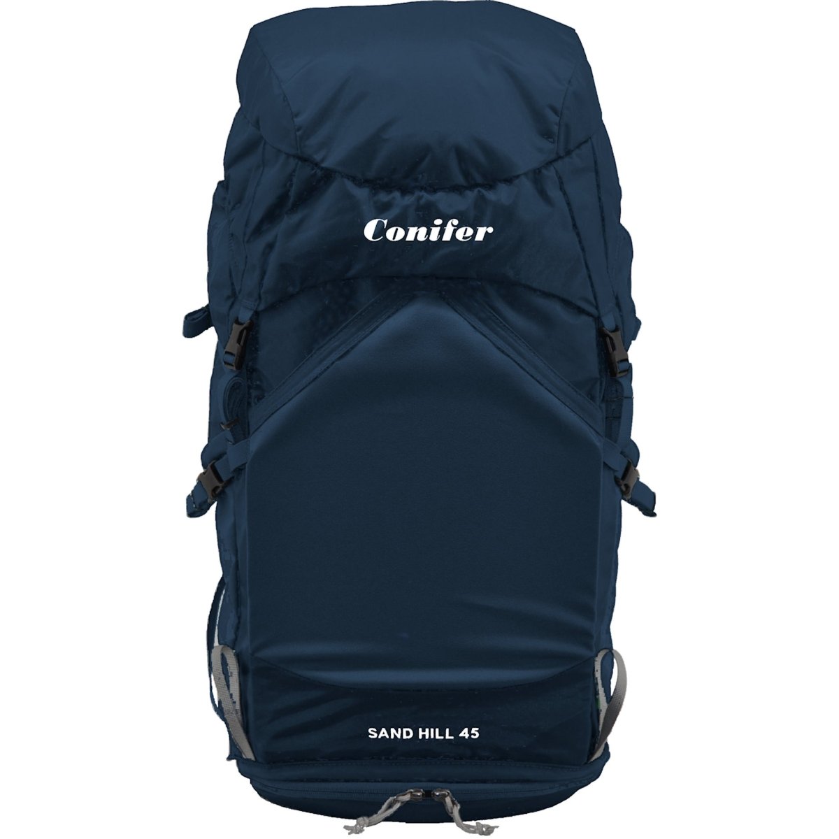 Navy blue backpack with 'Conifer' branding on a white background