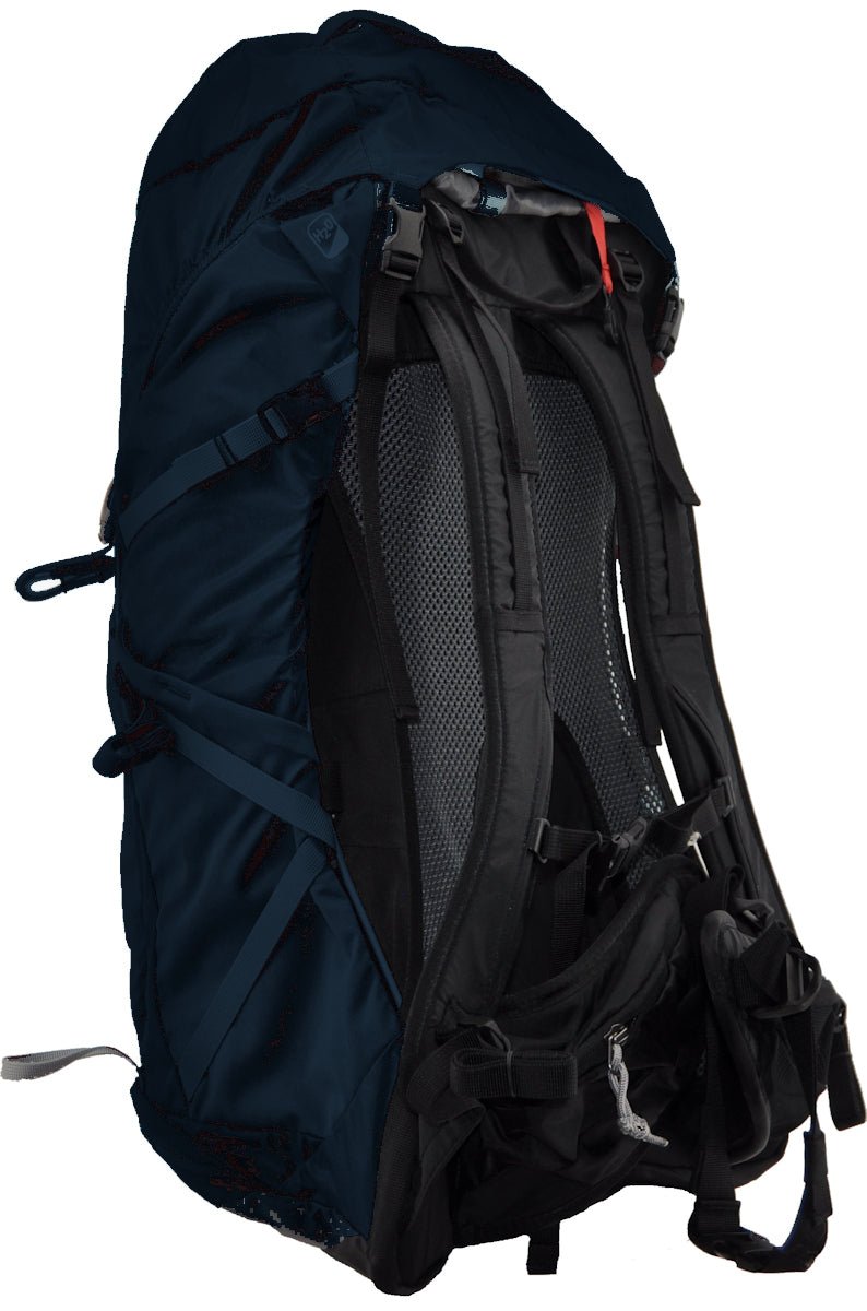 Black and blue backpack on a white background