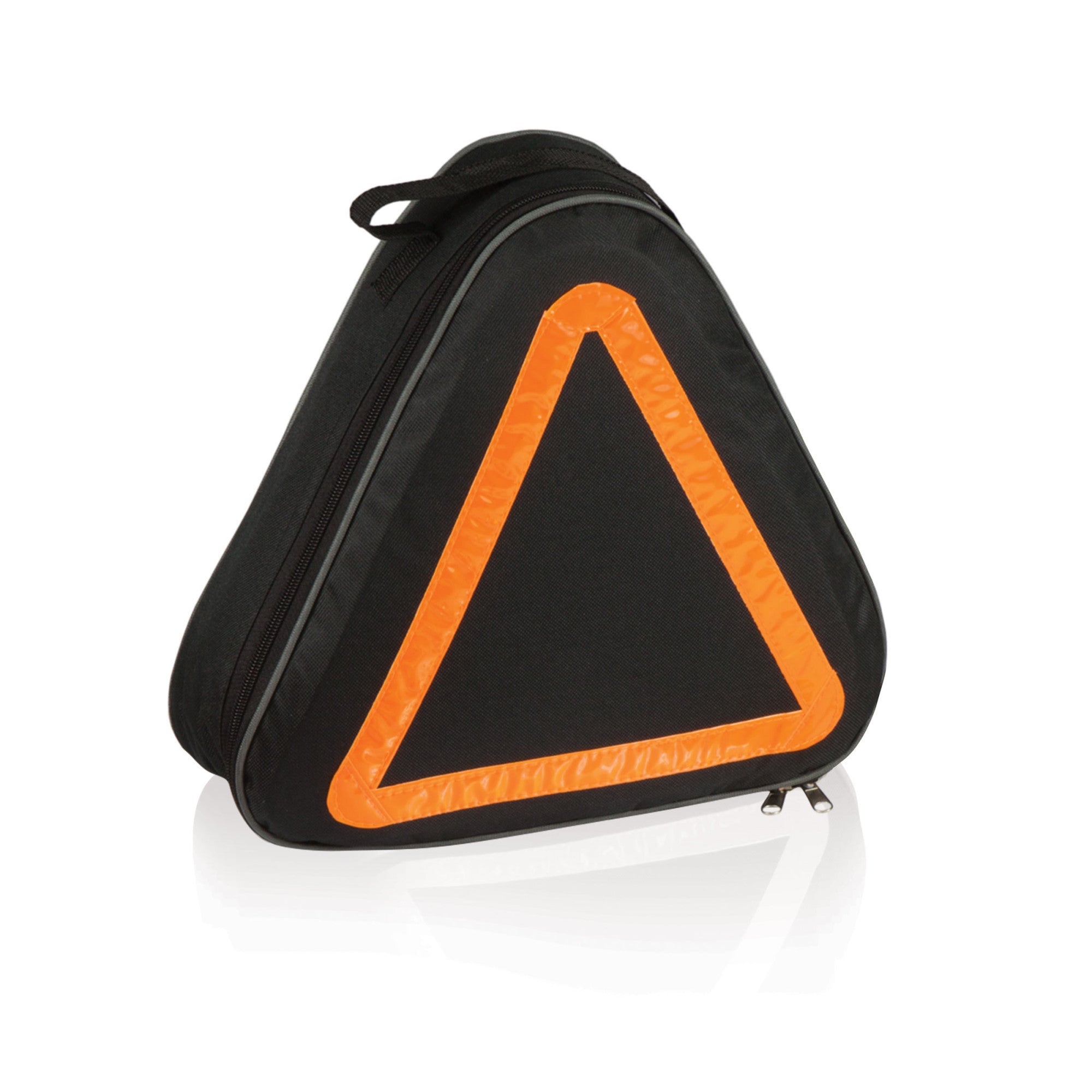 Black triangular safety reflector with orange border on a white background