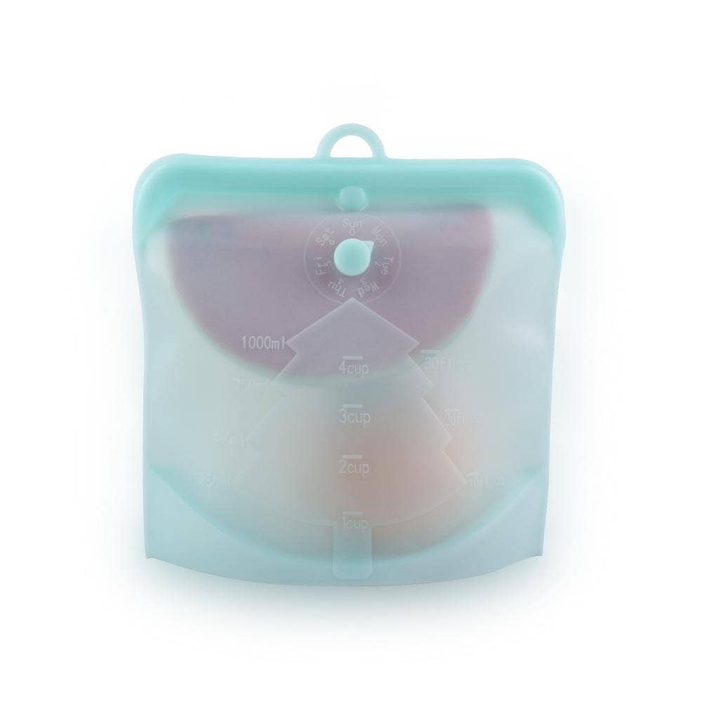Silicone food storage bag with measurement markings on a white background