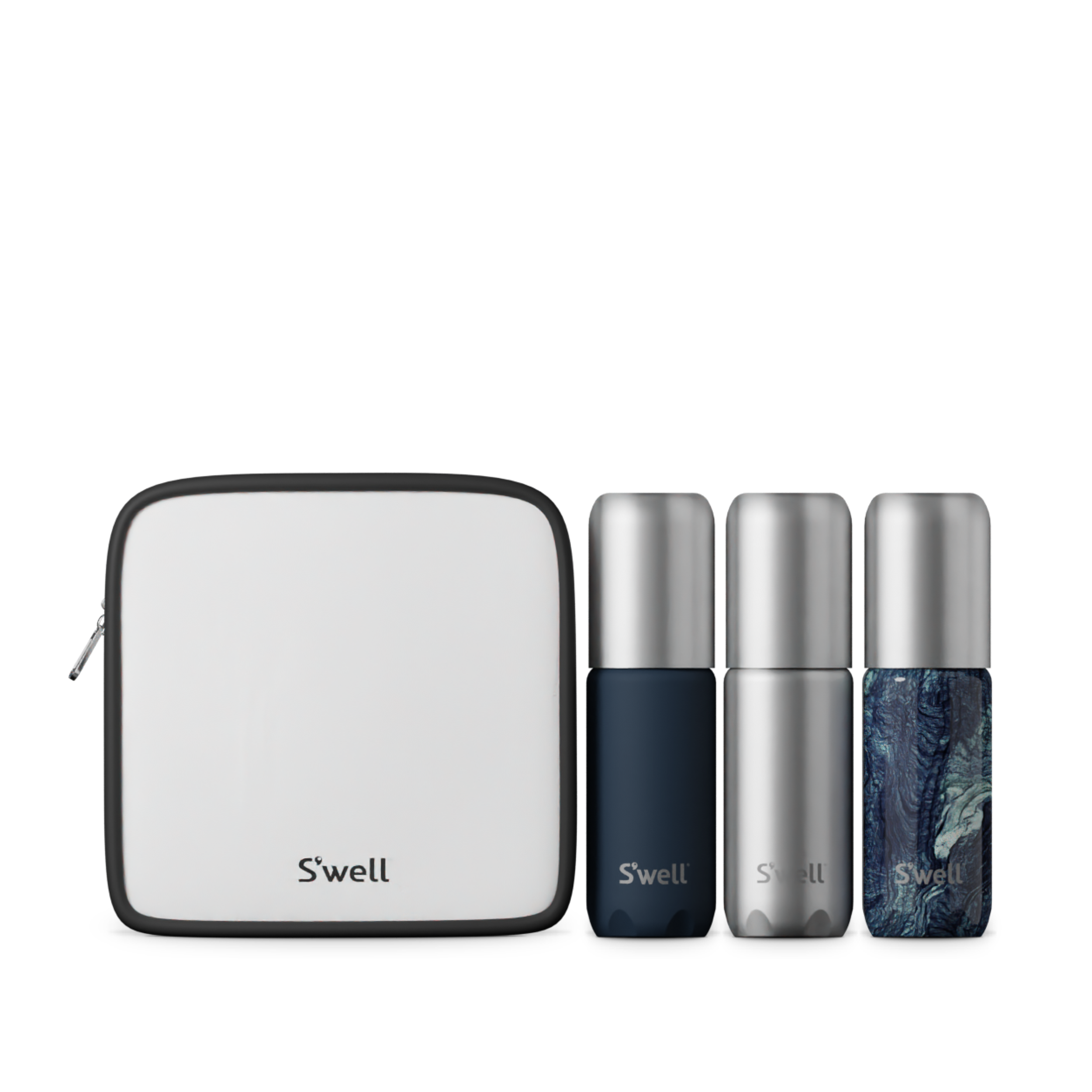 S'well water bottle set with a carrying case on a white background