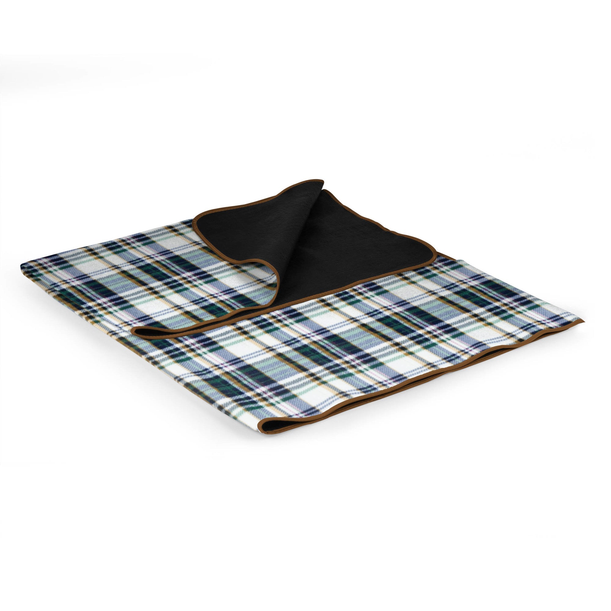 Plaid blanket with a black border on a white background