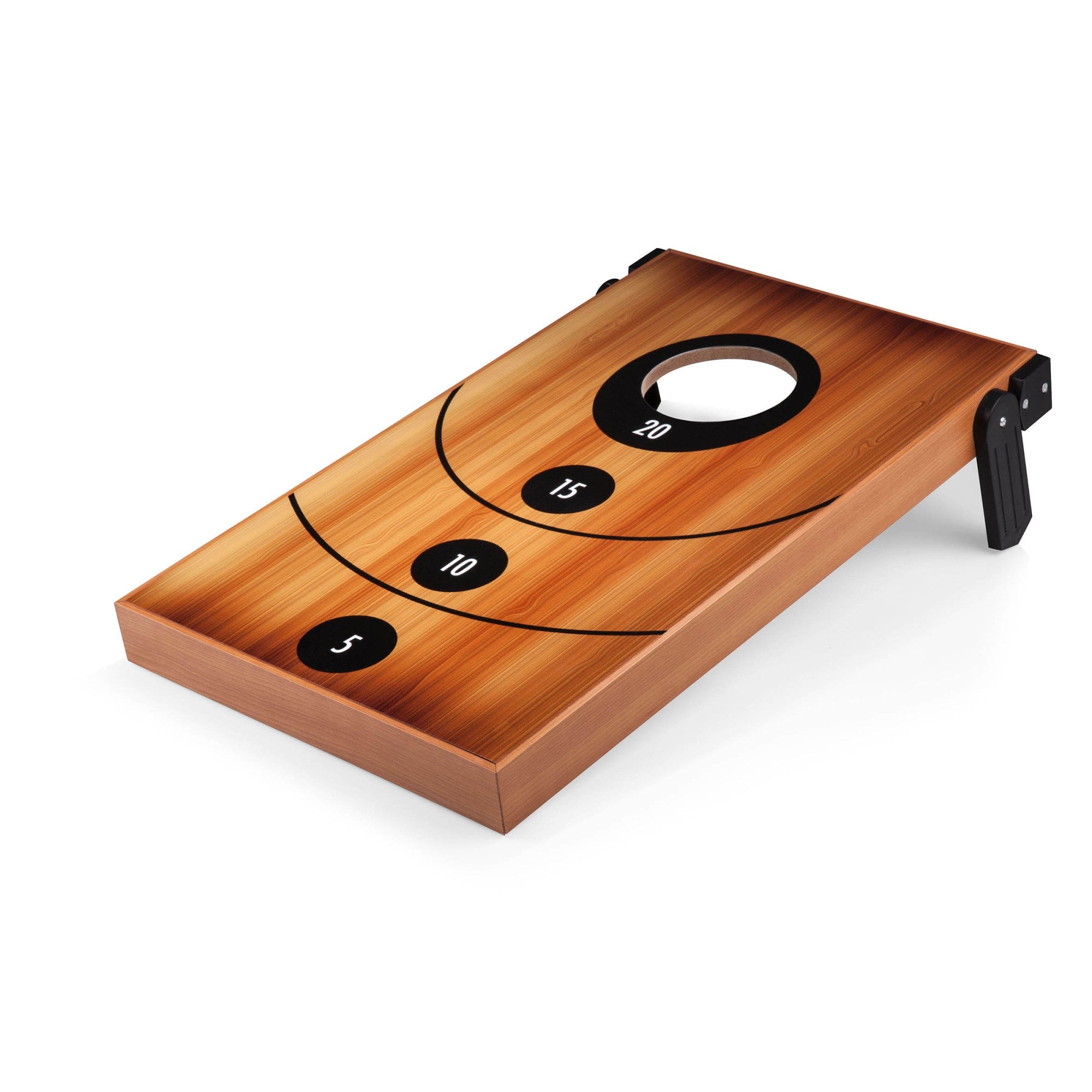 Wooden cornhole board with black circle and numbers on a white background