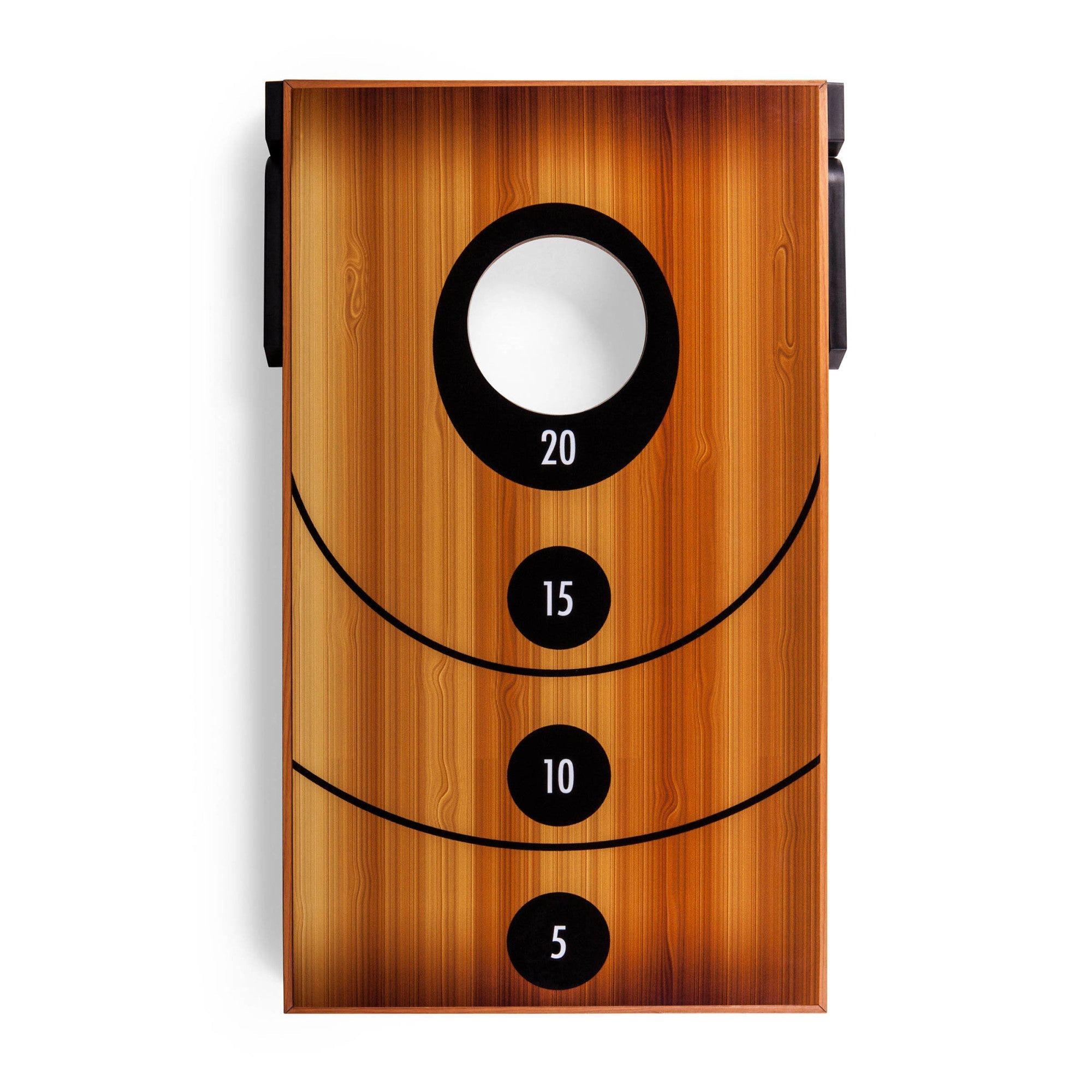 Wooden dartboard with black concentric circles and numbers on a white background