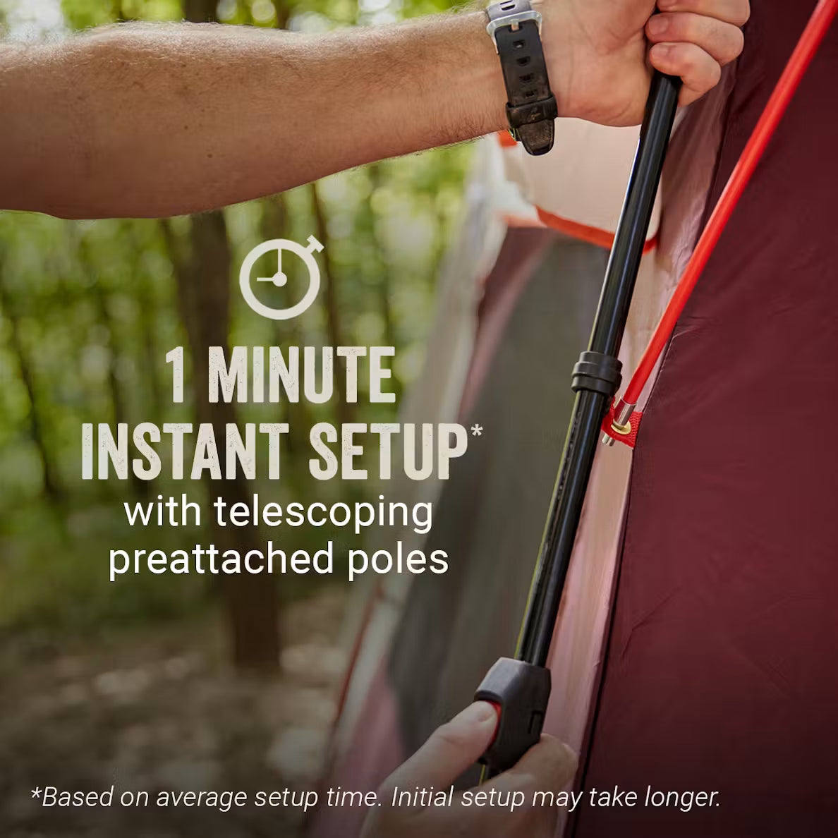 Person setting up a tent with telescoping preattached poles, text indicating 1 minute instant setup.