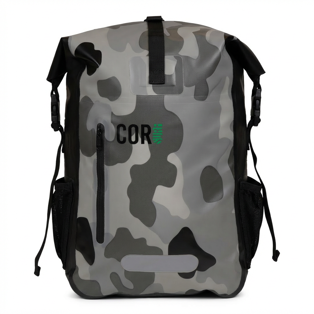 Camouflage backpack with 'COR' logo on a white background
