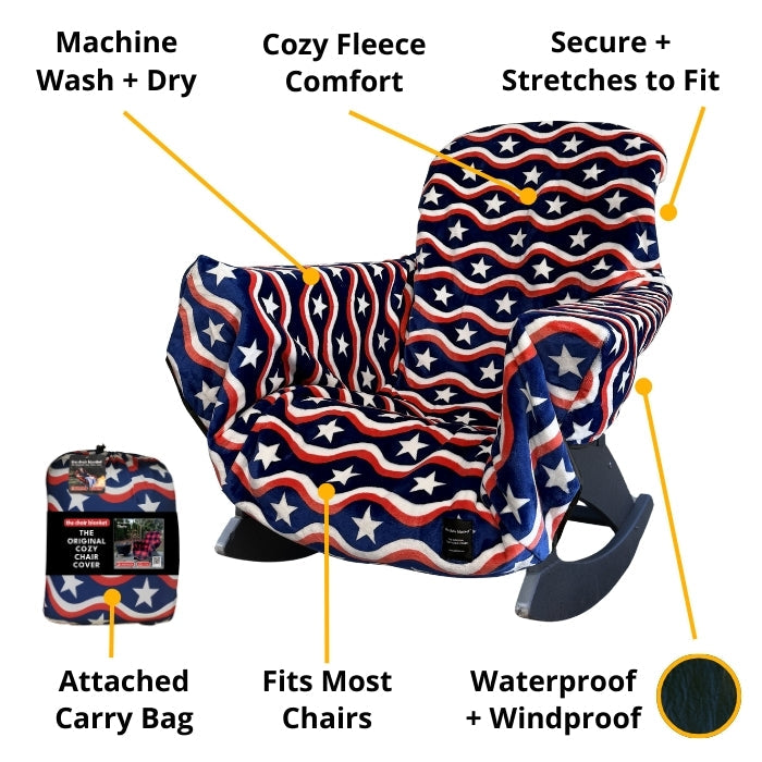 Chair cover with American flag pattern and features listed on a white background