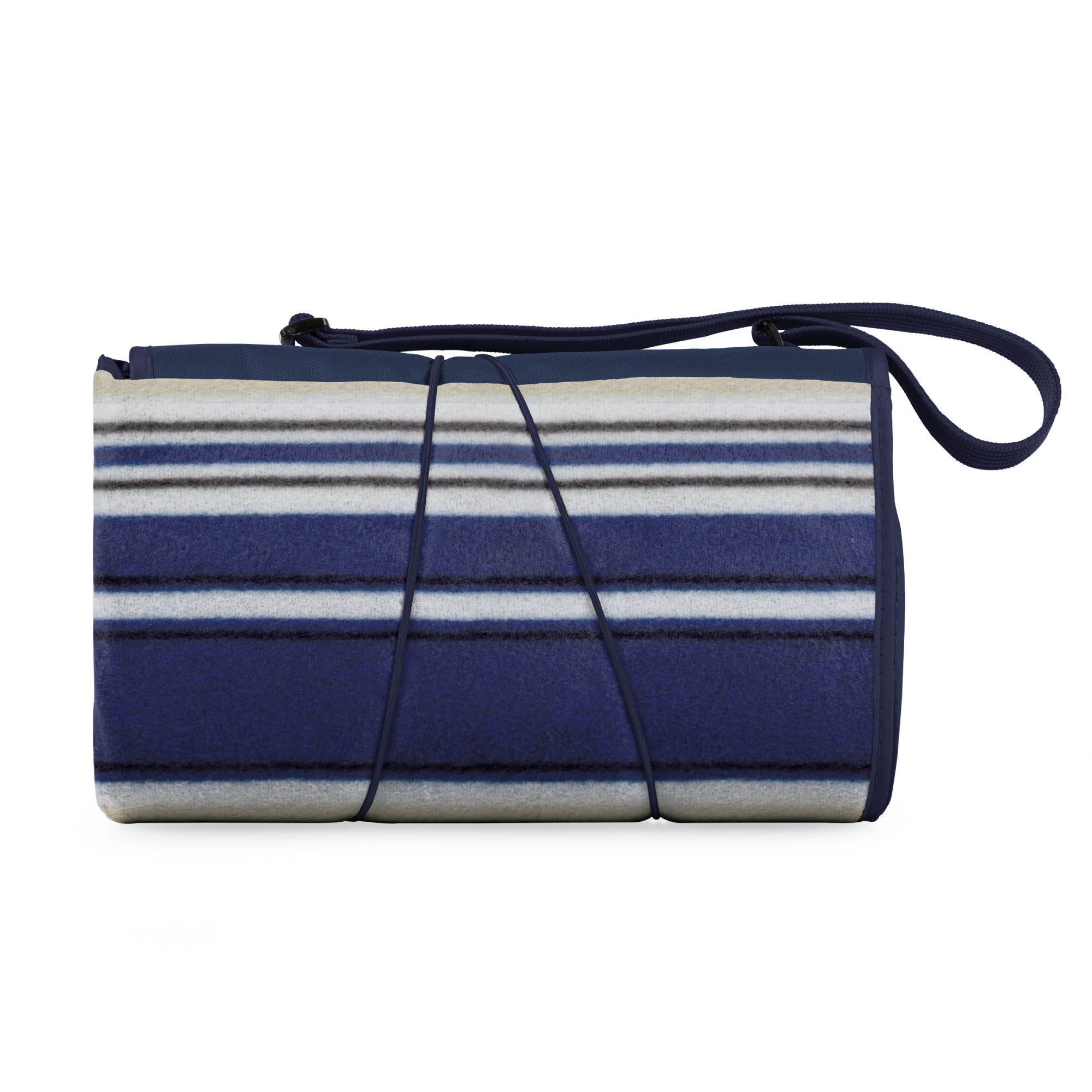Striped blue and white bag with a strap on a white background