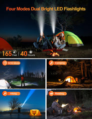 LED flashlights in use at night with camping scenes and text highlighting features.