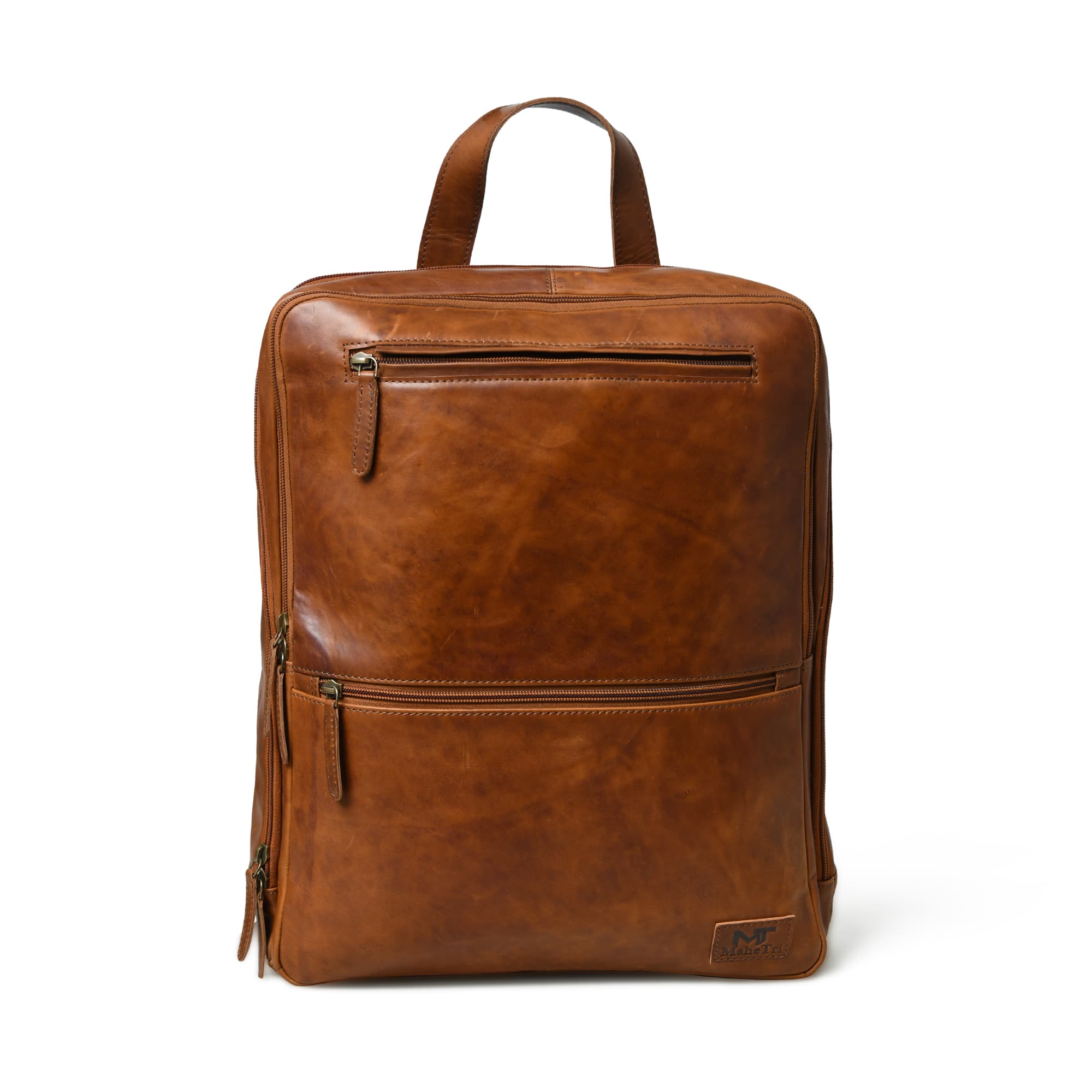 Brown leather backpack on a white background