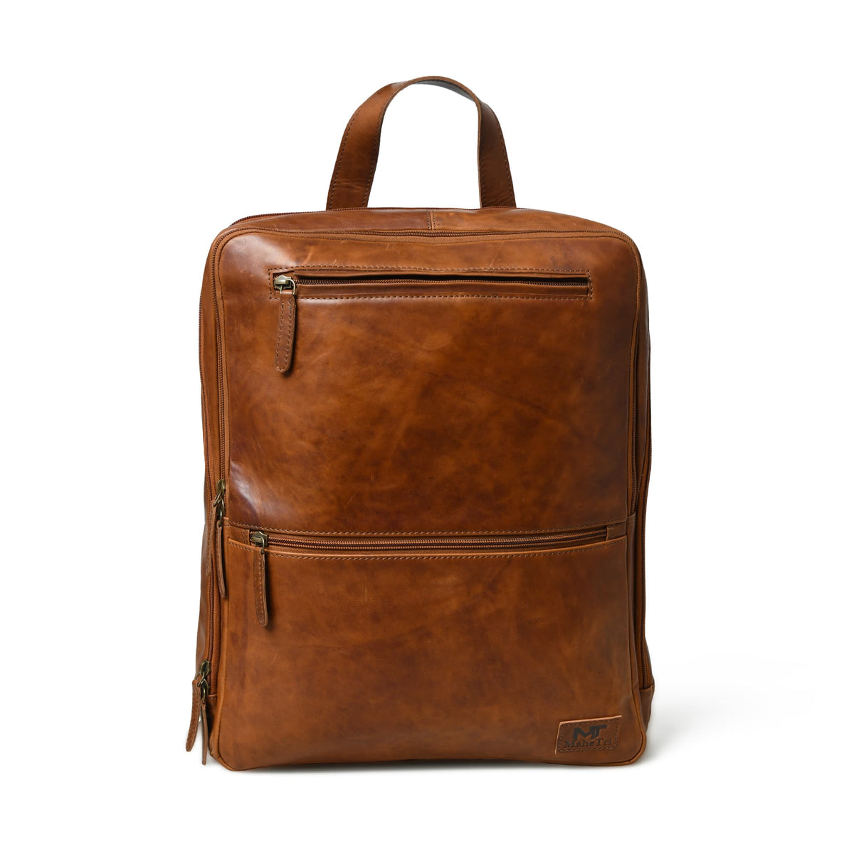 Brown leather backpack on a white background