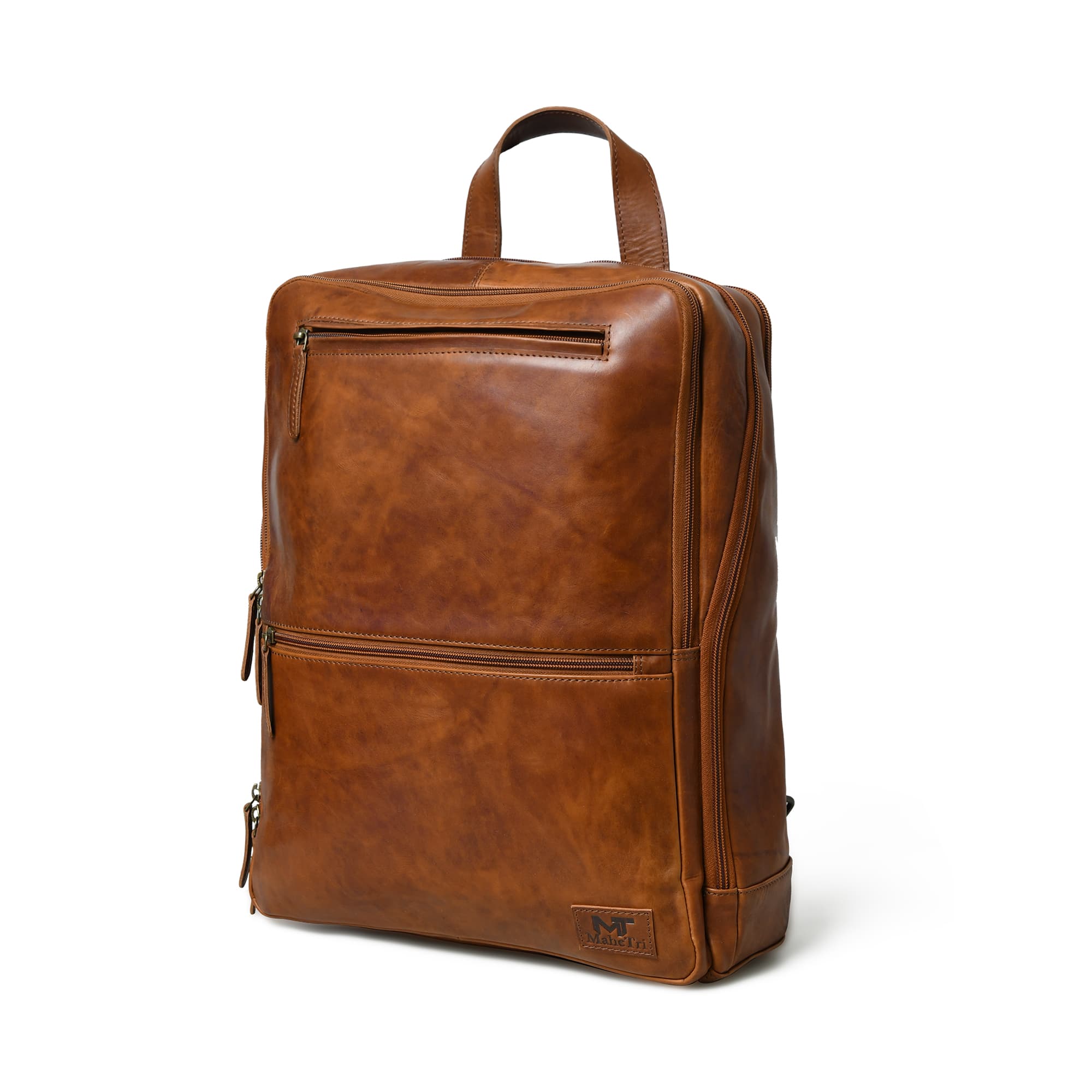 Brown leather backpack on a white background