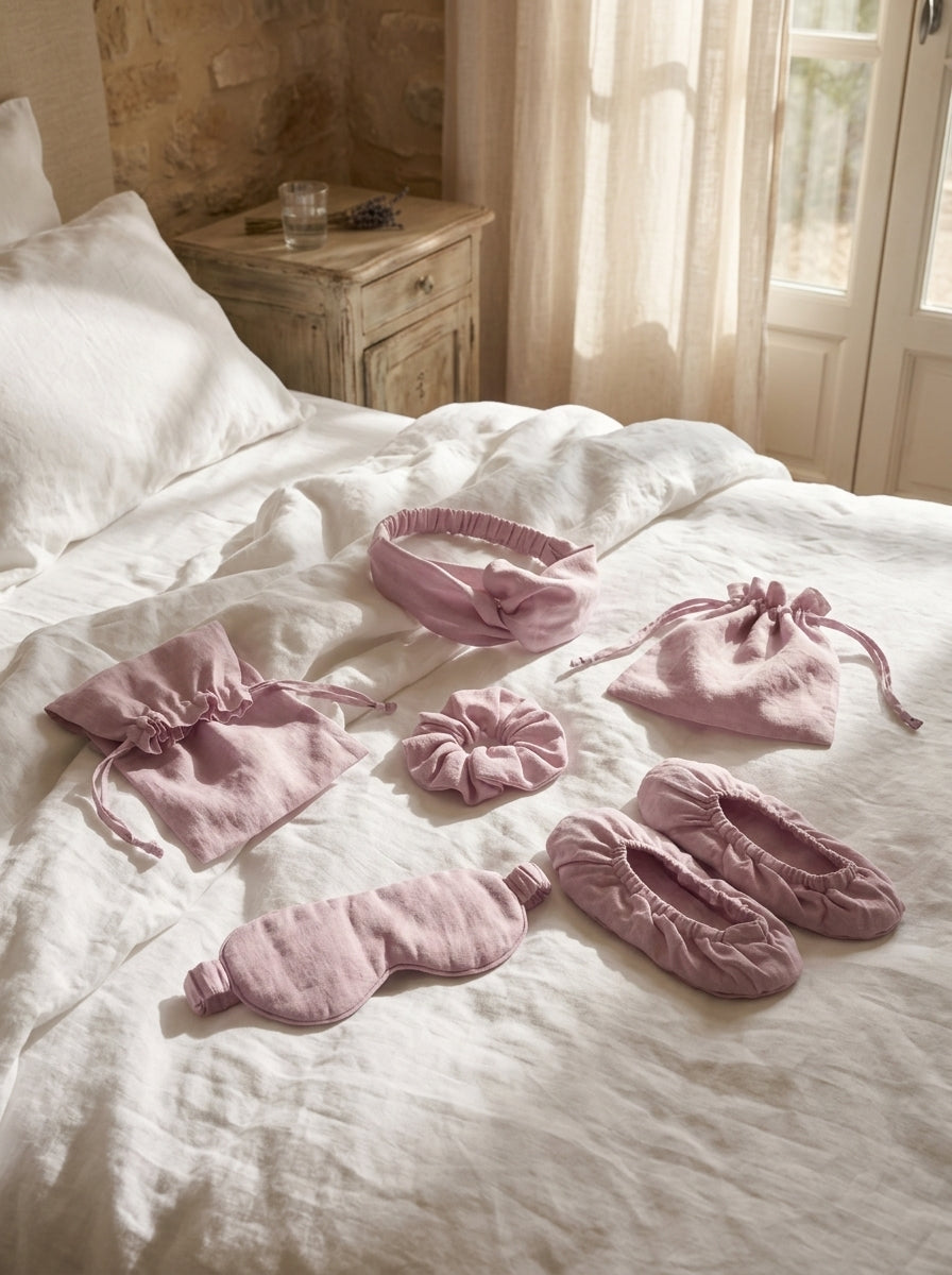 Set of pink accessories including socks, headbands, and a scrunchie on a textured surface.
