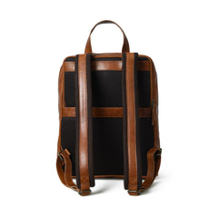 Brown leather backpack with black mesh back panel on a white background