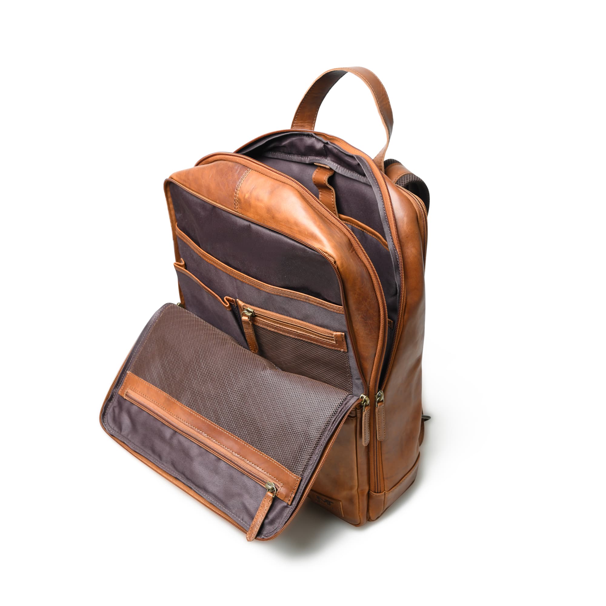 Brown leather backpack with open front pocket on a white background