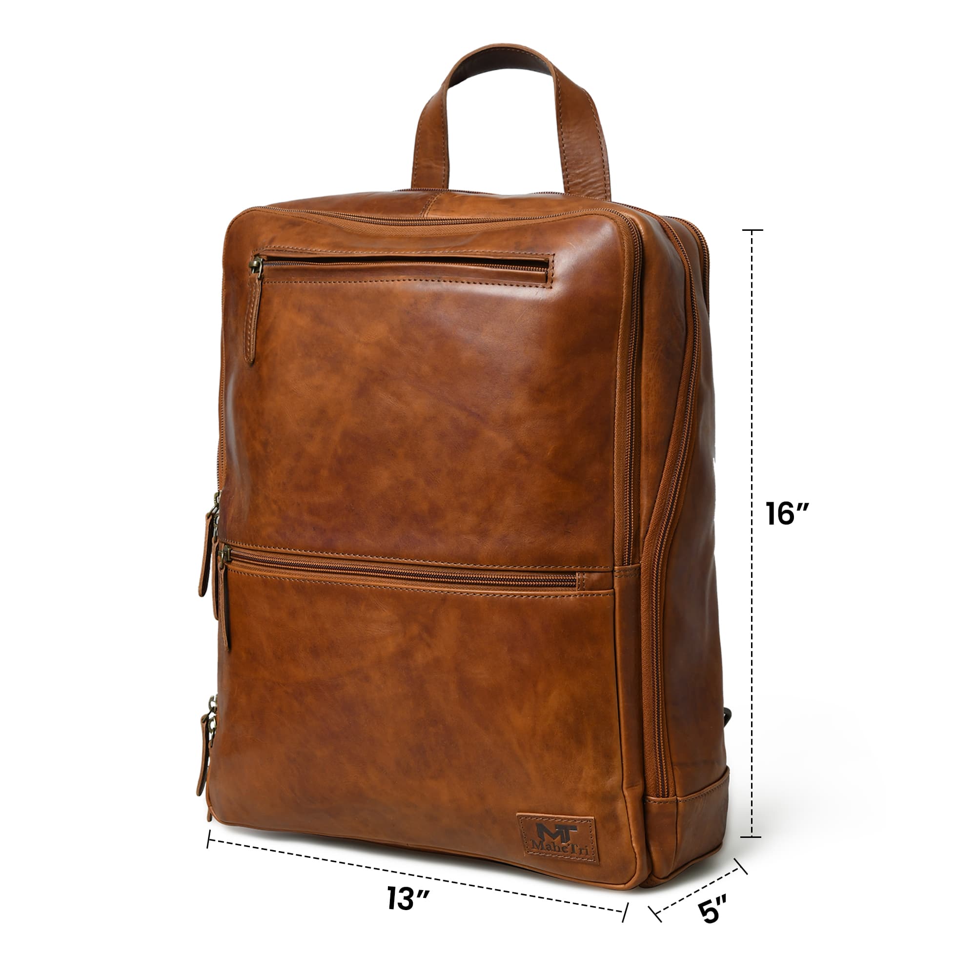 Brown leather backpack with dimensions on a white background