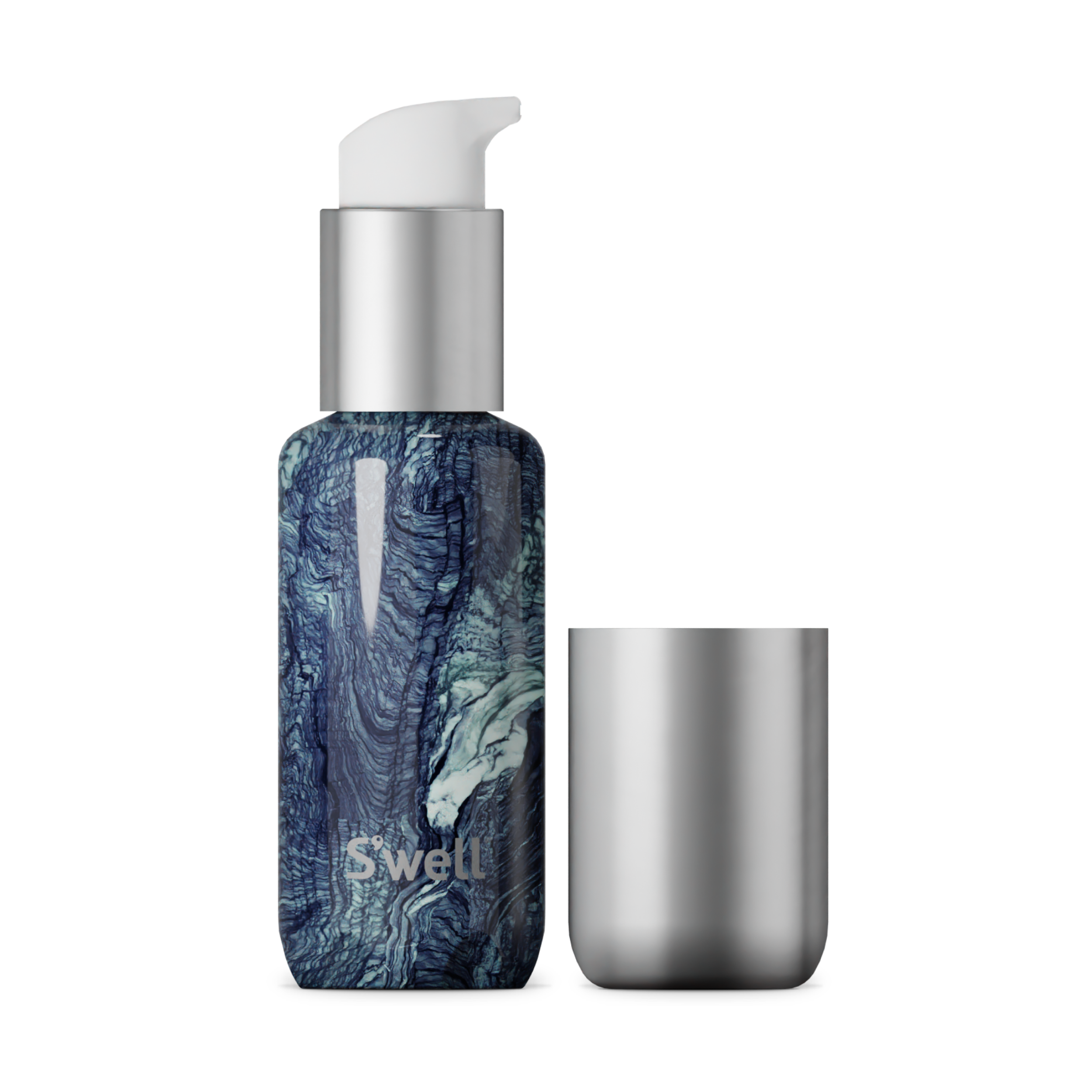 Marble-patterned skincare bottle with pump and matching container on a white background
