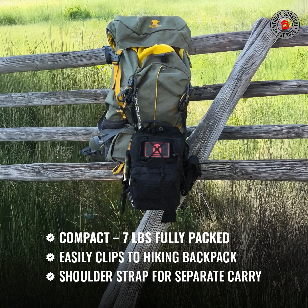 Compact backpack with shoulder strap on a wooden fence in a grassy field, featuring text about its features.