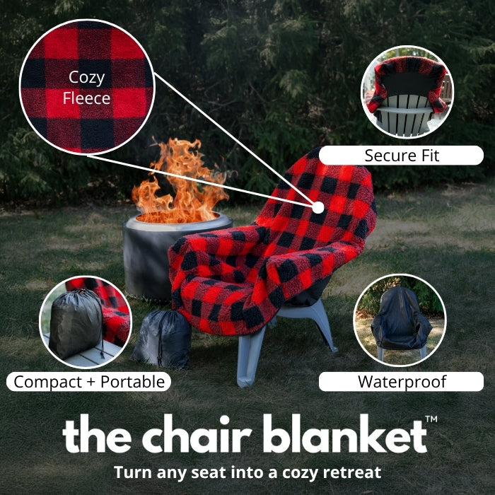 Red and black plaid chair blanket with features highlighted on a grassy background.
