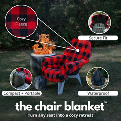 Red and black plaid chair blanket with features highlighted on a grassy background.