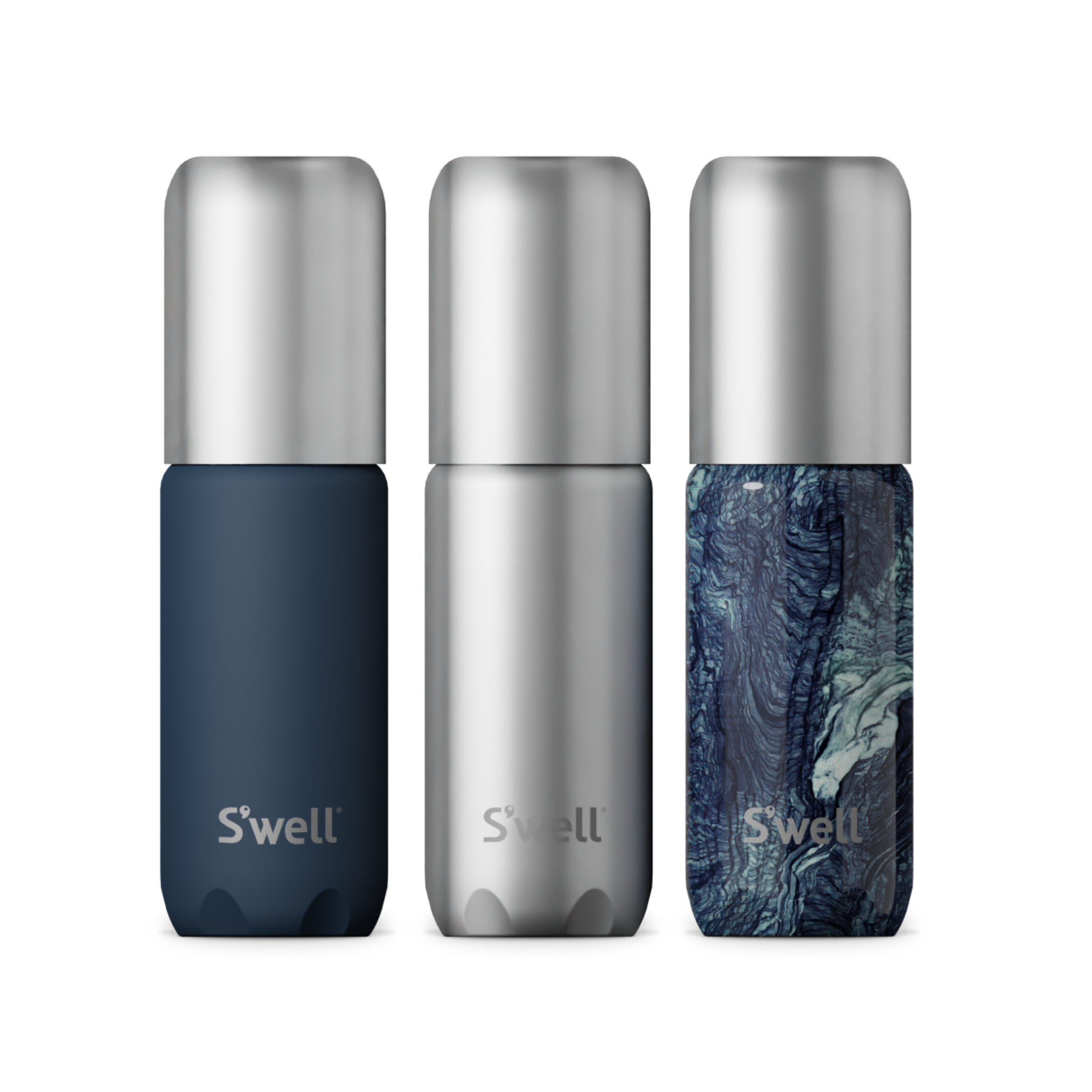 Three S'well water bottles with different designs on a white background