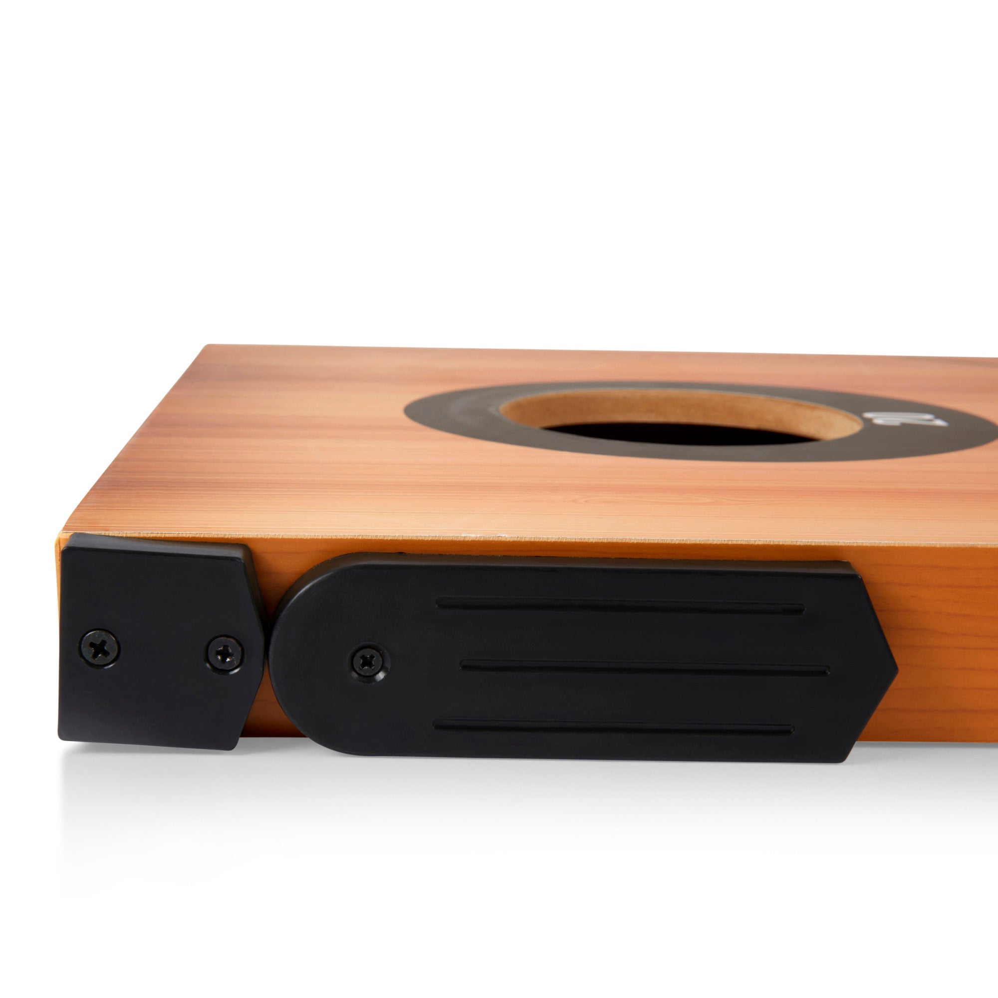 Wooden product with black metal bracket on a white background
