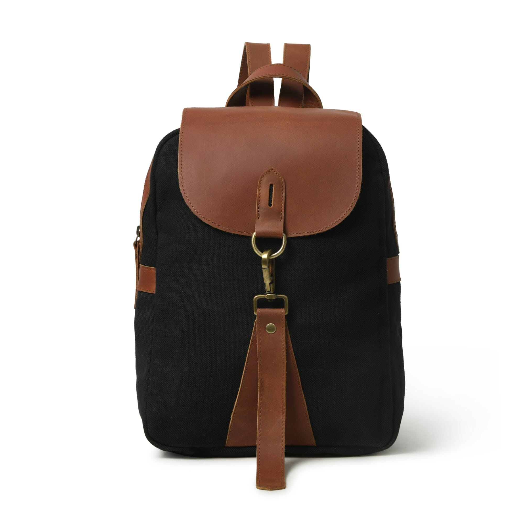 Black backpack with brown leather accents on a white background