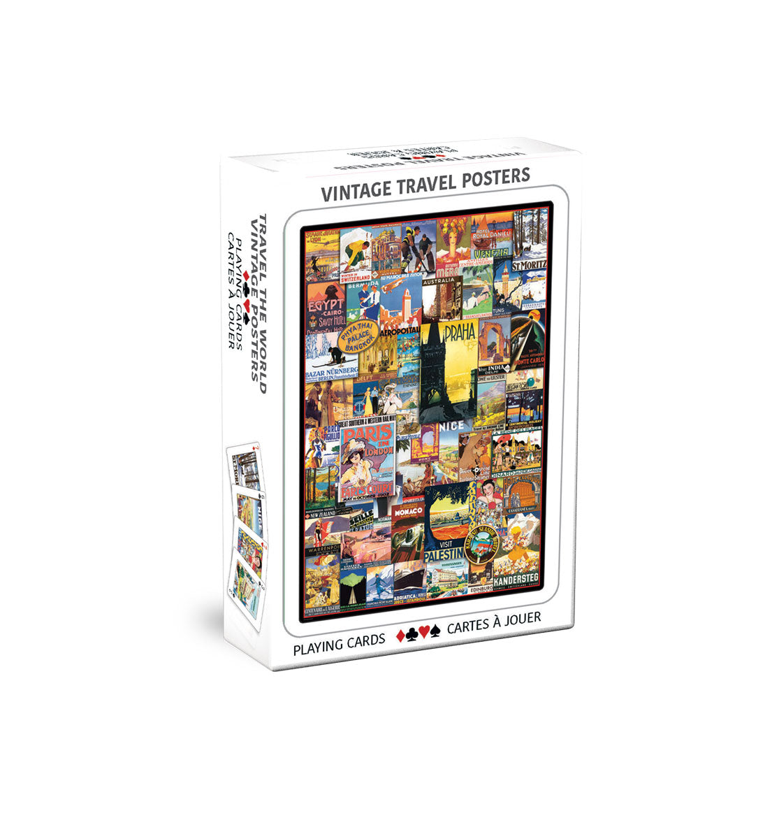 Box of vintage travel posters playing cards on a white background