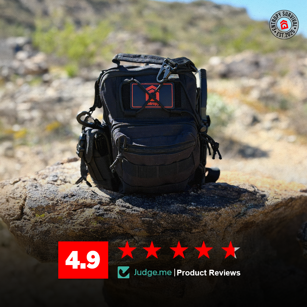 Black tactical backpack on a rock with a desert landscape in the background, featuring a brand logo and product review rating.