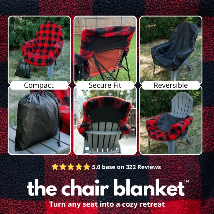 Collage of the chair blanket in use with text highlighting features and reviews.