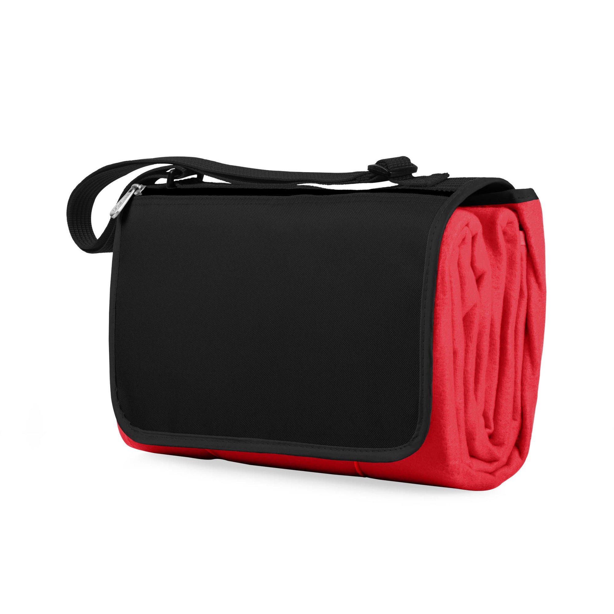 Black and red bag with a rolled-up red blanket on a white background