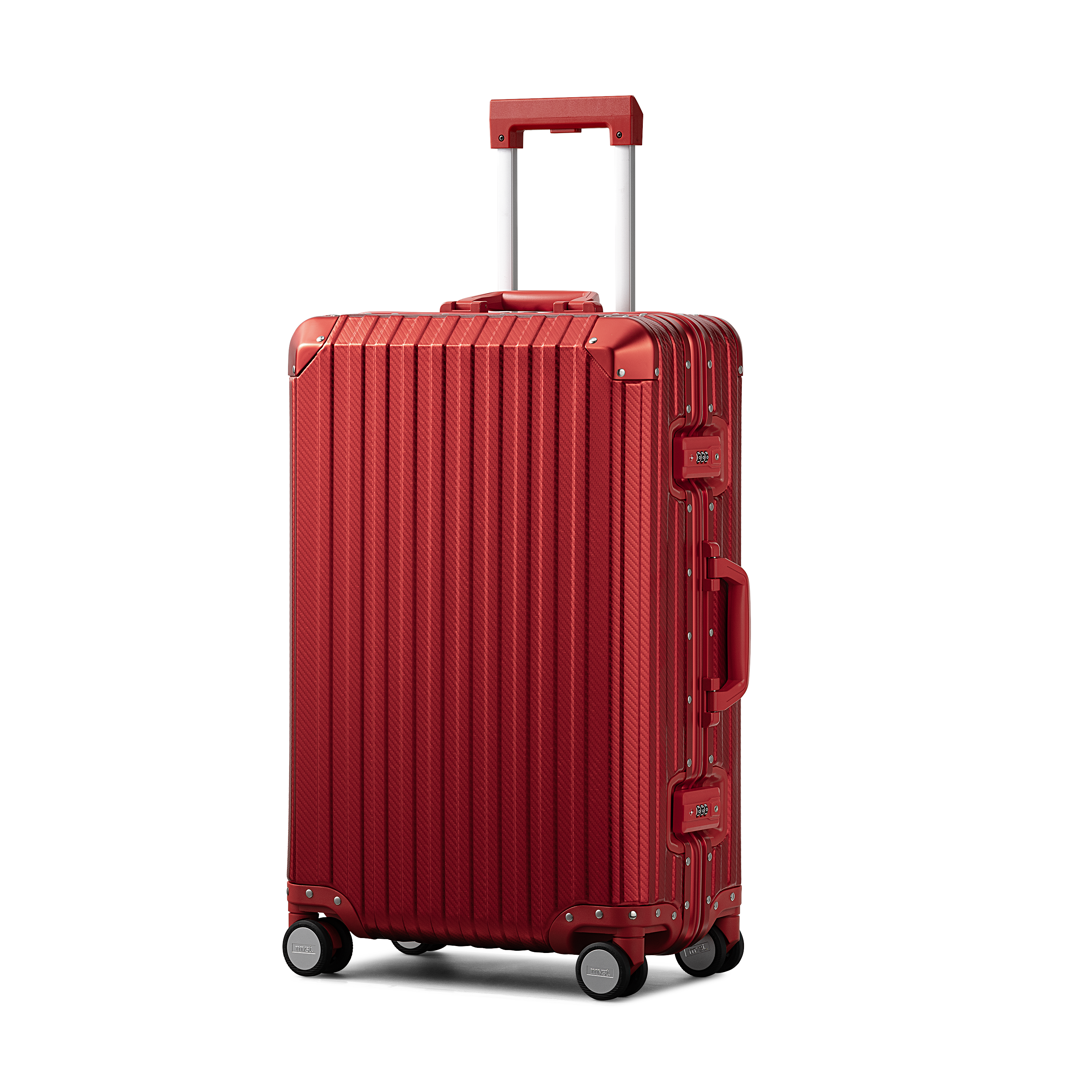 Red suitcase with a textured surface on a white background