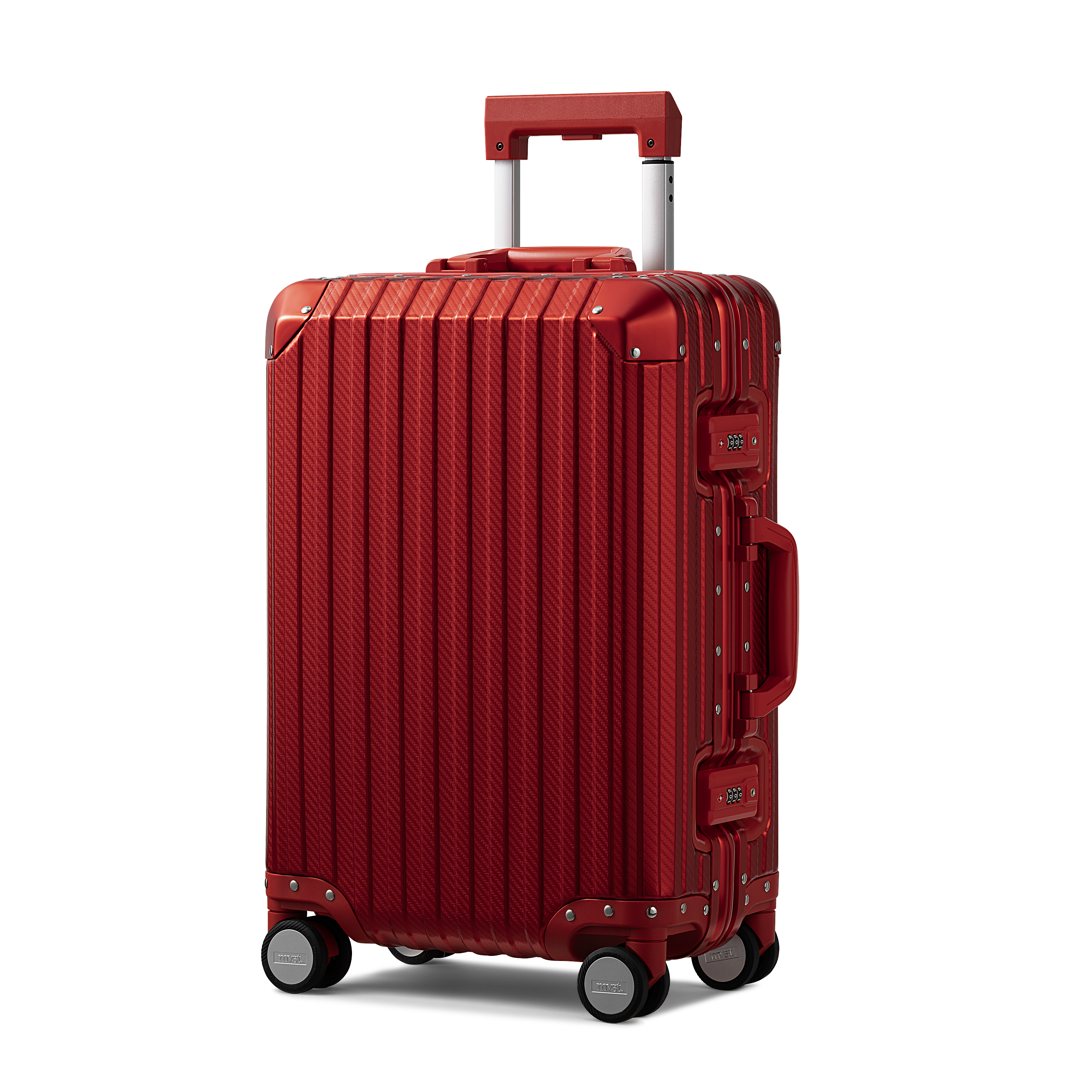 Red suitcase with a textured surface on a white background