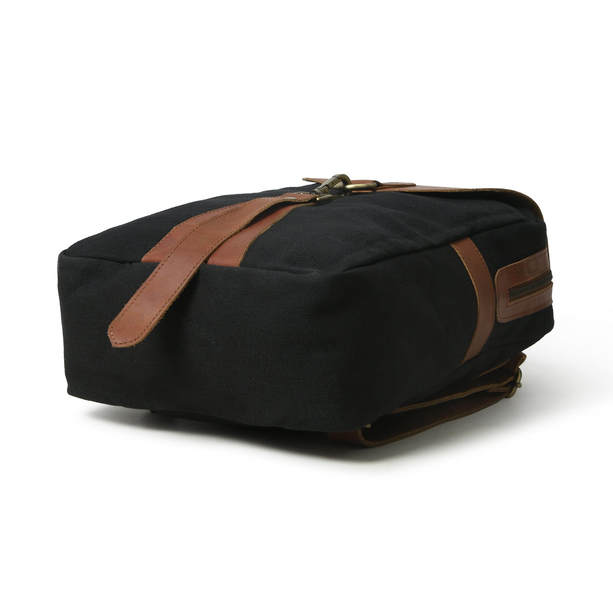 Black duffel bag with brown straps on a white background