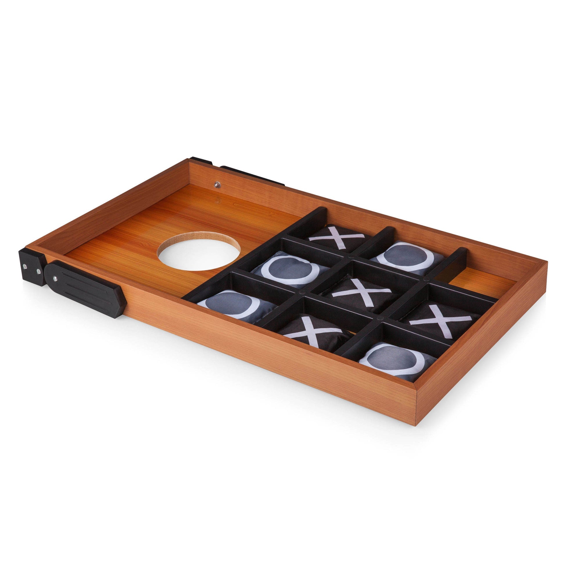 Wooden tic-tac-toe game set on a white background