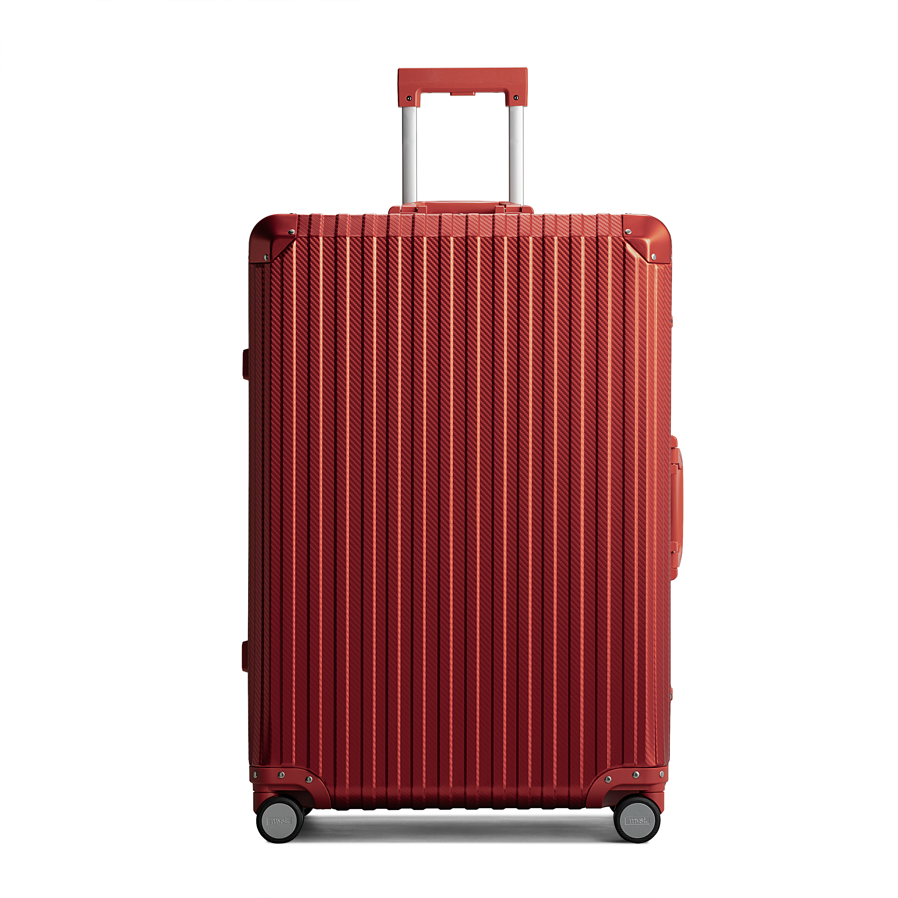Red suitcase with a textured surface on a white background