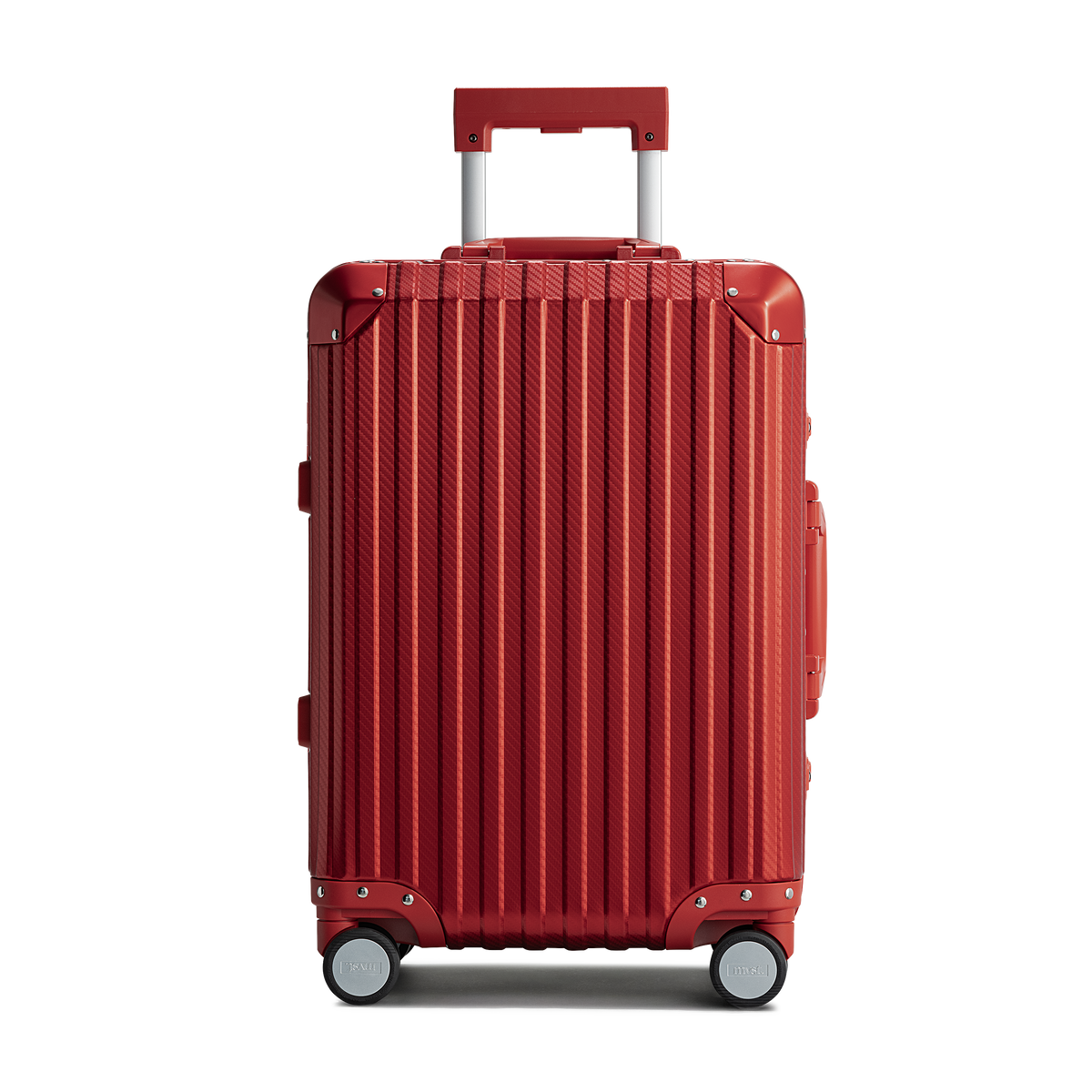 Red suitcase with a textured surface on a white background