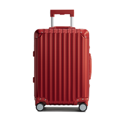 Red suitcase with a textured surface on a white background